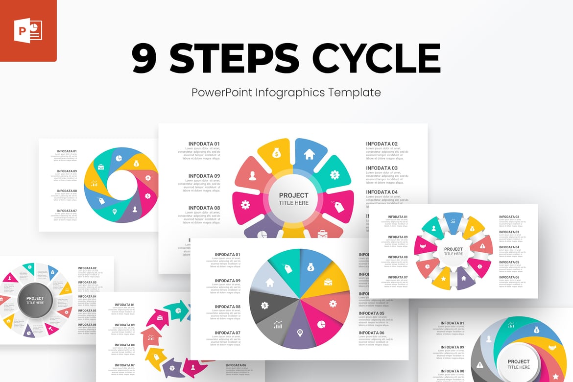 Template Presentasi PowerPoint Infografis Siklus 9 Langkah yang Menarik