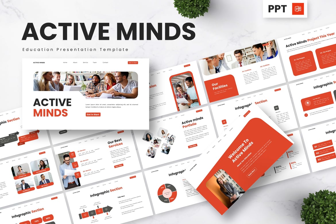 Template PowerPoint Pendidikan Aktif Minds yang Menarik