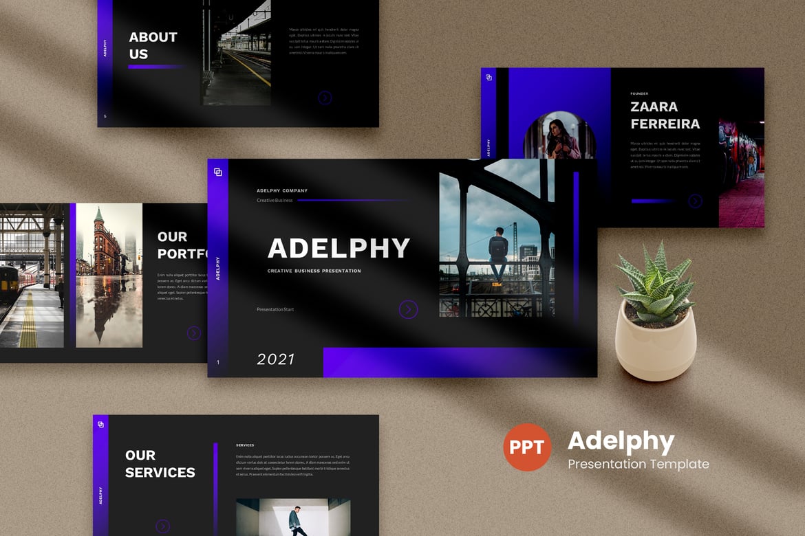 Template PowerPoint Dark Mode Adelphy yang Menarik dan Modern