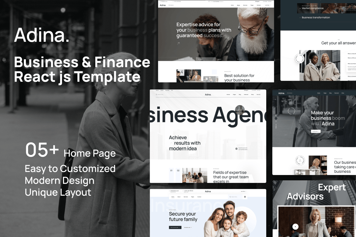 Adina - Template Website Bisnis & Keuangan React JS yang Modern