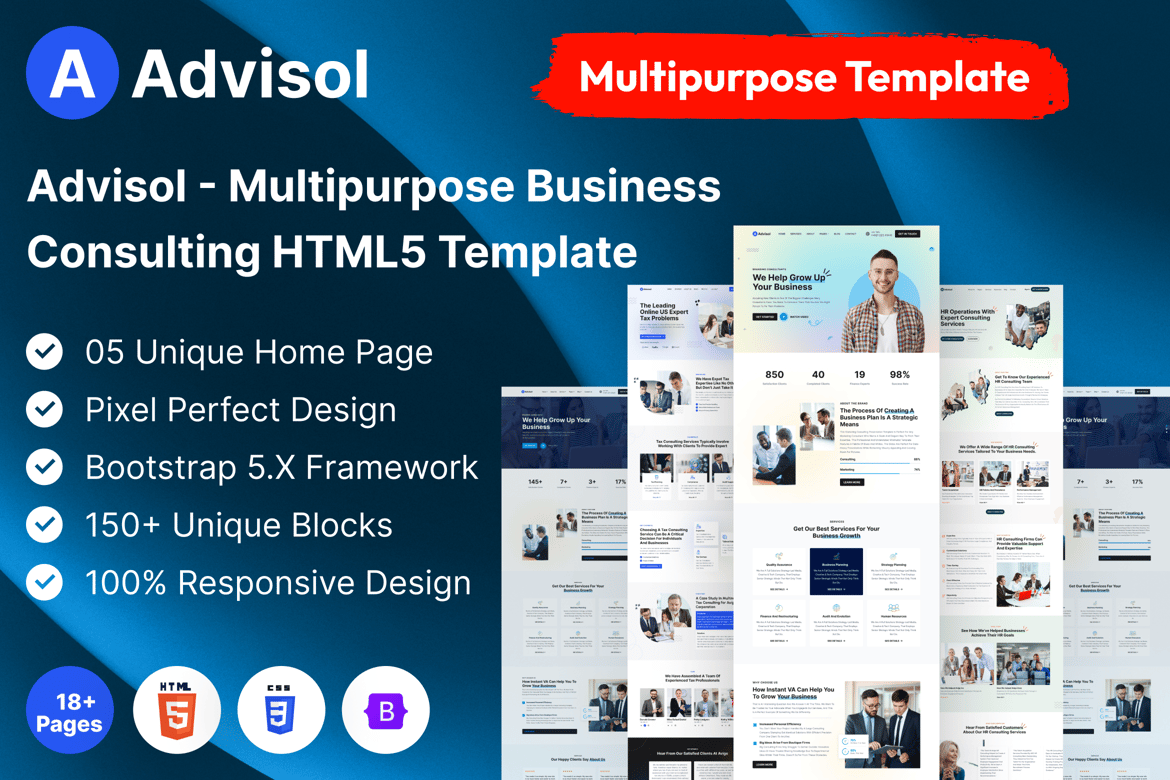 Advisol - Template Website Konsultasi Bisnis Serbaguna yang Modern