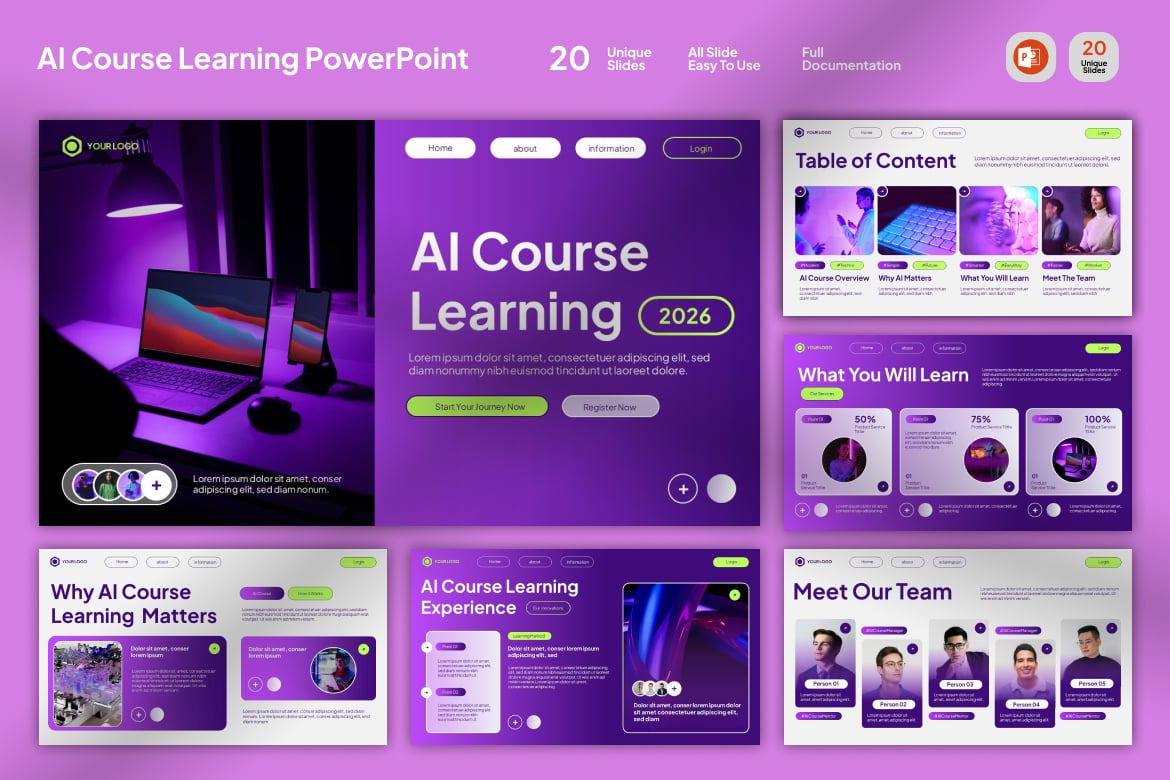 Template PowerPoint Kursus AI yang Menarik dan Profesional