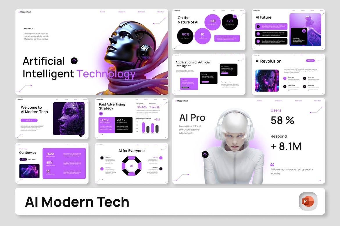 Template PowerPoint Teknologi Modern AI yang Menarik
