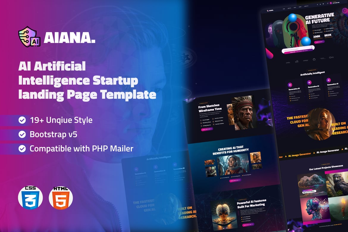 Aiana - Template Web Landing Page Startup AI yang Modern dan Responsif