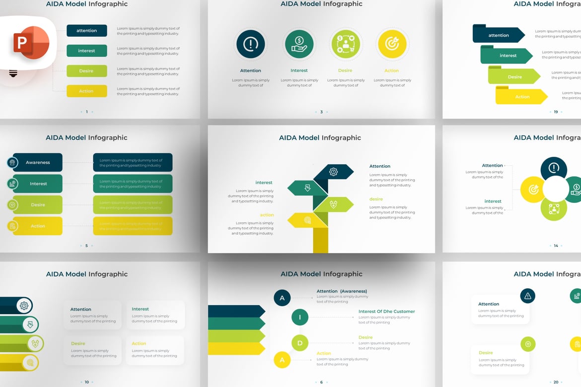 Template Presentasi PowerPoint Infografik Model AIDA yang Menarik