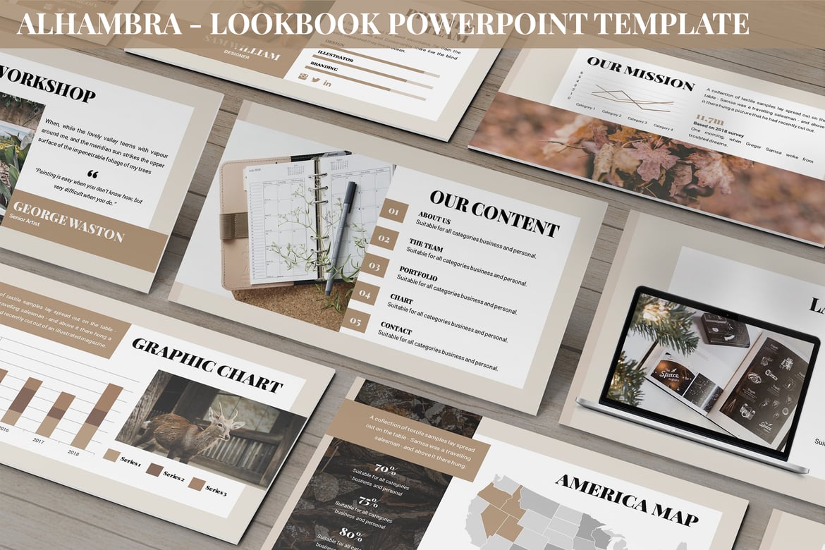 Template Presentasi Powerpoint Alhambra - Lookbook yang Elegan dan Modern