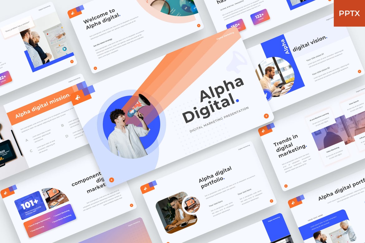 Template PowerPoint Pemasaran Digital Alpha yang Menarik