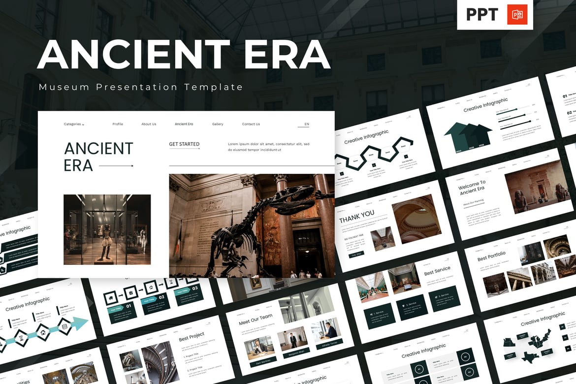 Template Presentasi PowerPoint Era Kuno untuk Museum yang Menarik