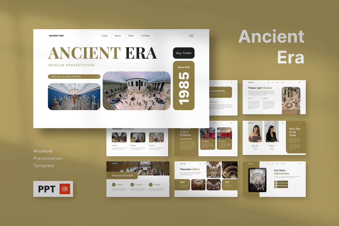 Template Powerpoint Era Kuno untuk Museum yang Menarik