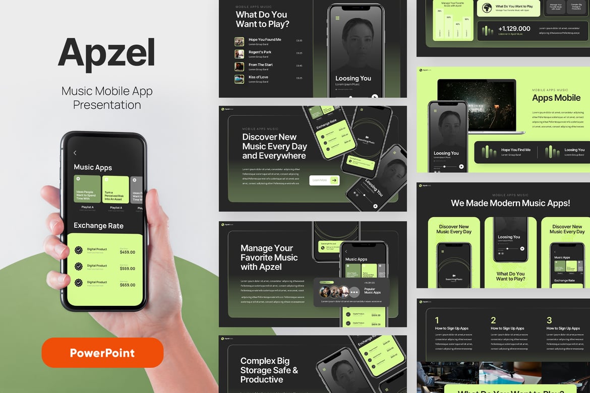 Apzel - Template Presentasi PowerPoint Aplikasi Musik yang Menarik
