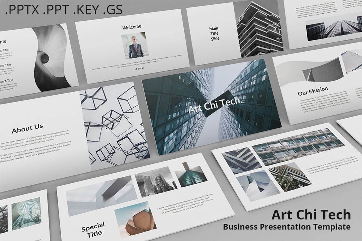 Template PowerPoint Bisnis Art Chi Tech yang Stylish dan Minimalis