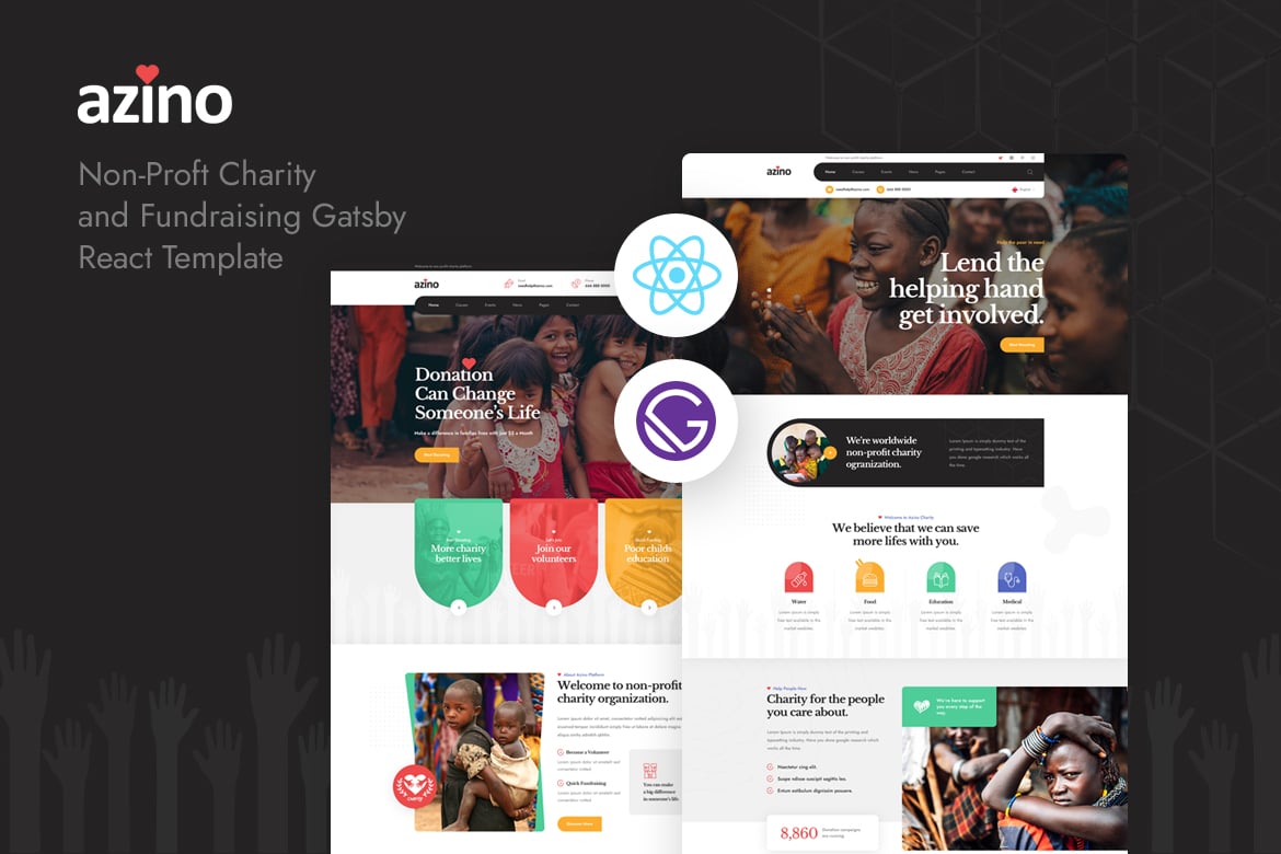 Template Website Azino - Gatsby React untuk Organisasi Nirlaba dan Penggalangan Dana