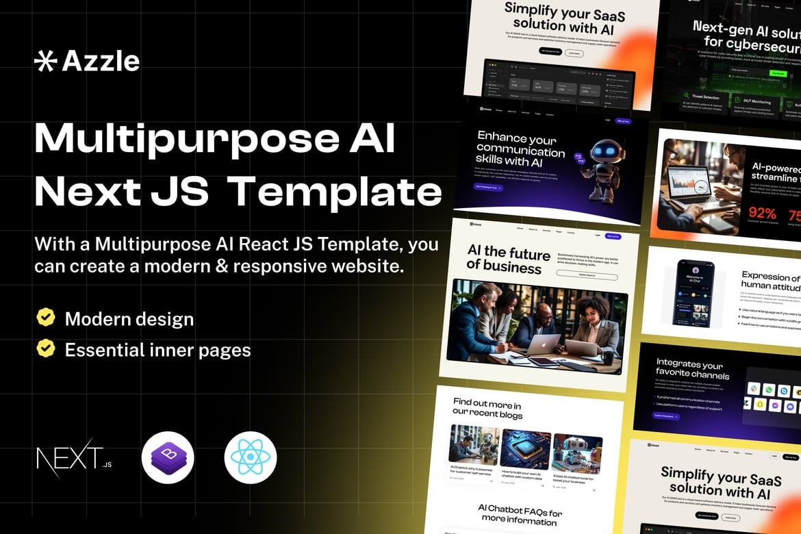 Azzle - Template Website Modern dengan Teknologi AI & Startup menggunakan React Next Js