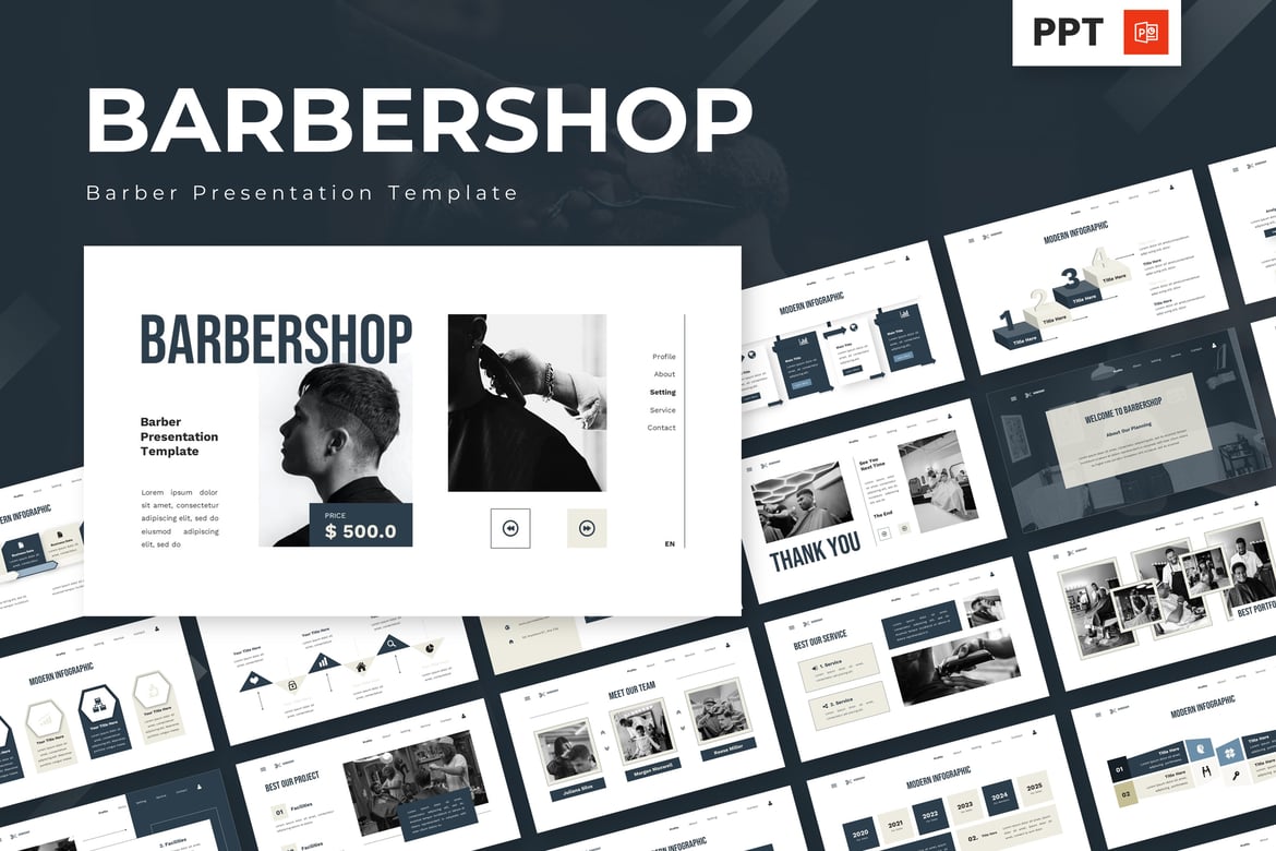 Template Presentasi PowerPoint Barbershop yang Menarik