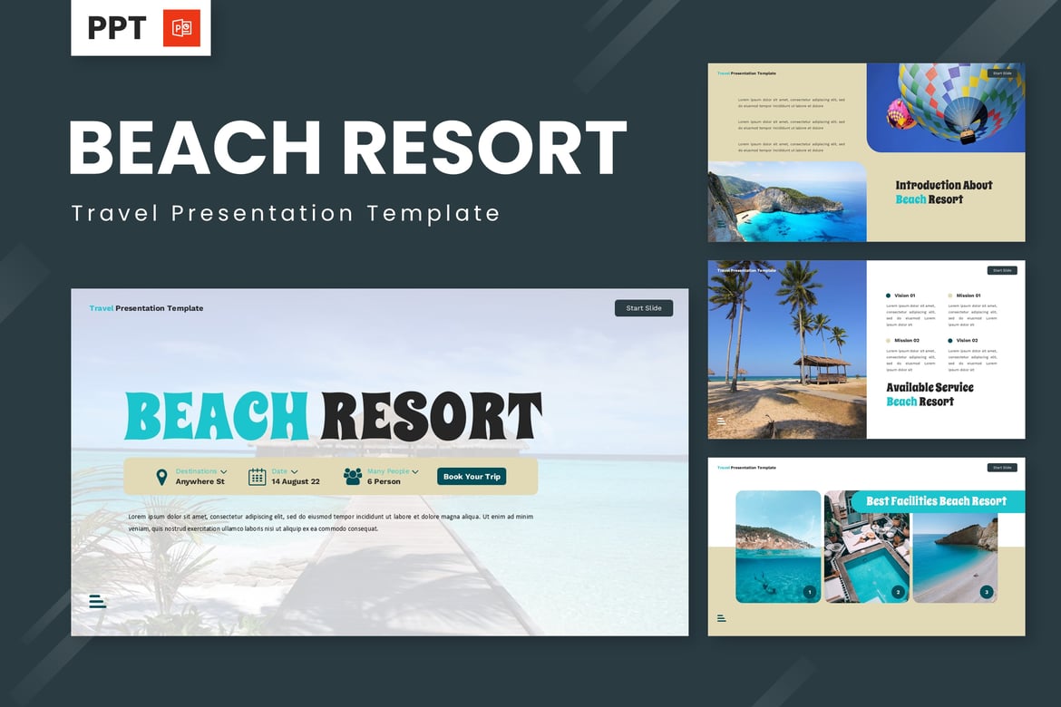 Template Powerpoint Resort Pantai yang Menawan untuk Presentasi Perjalanan