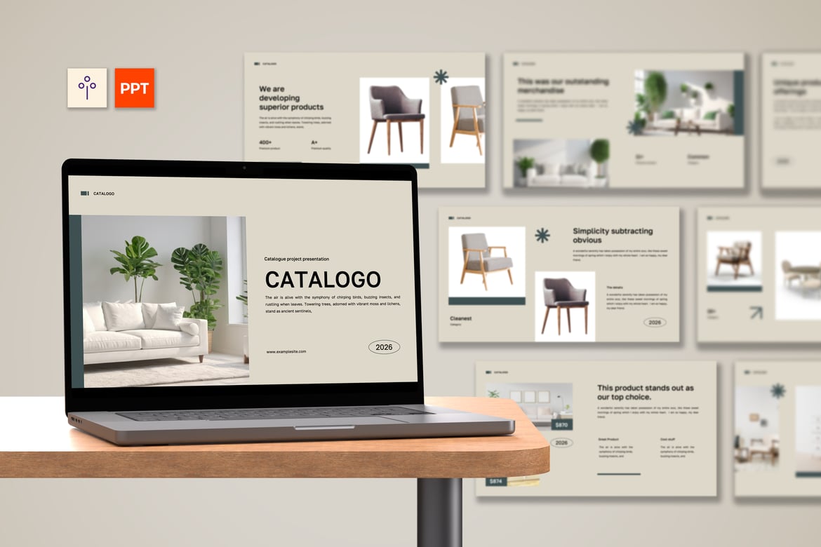 Katalog Furnitur Modern Berwarna Beige untuk Presentasi PowerPoint