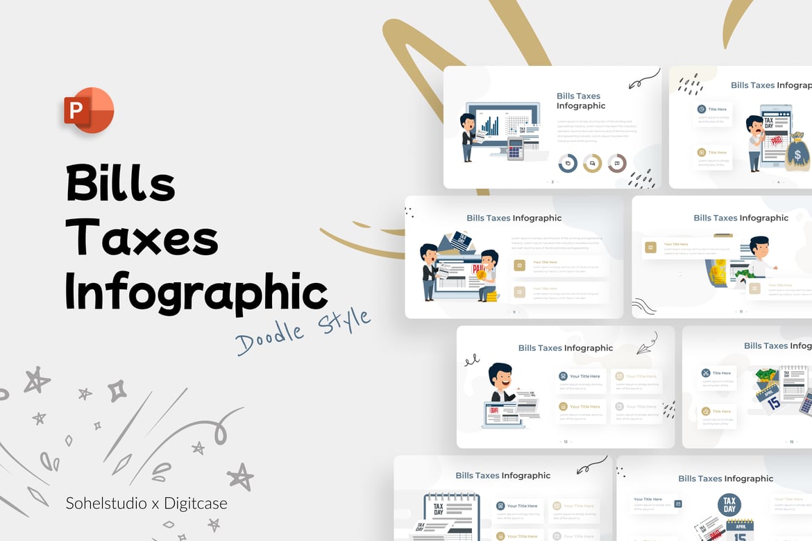 Template Presentasi Infografis Pajak dan Tagihan Doodle yang Menarik