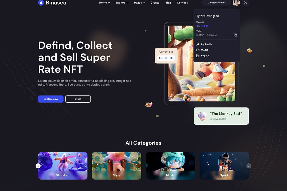 Binasea | Template Web Marketplace NFT yang Modern dan Responsif