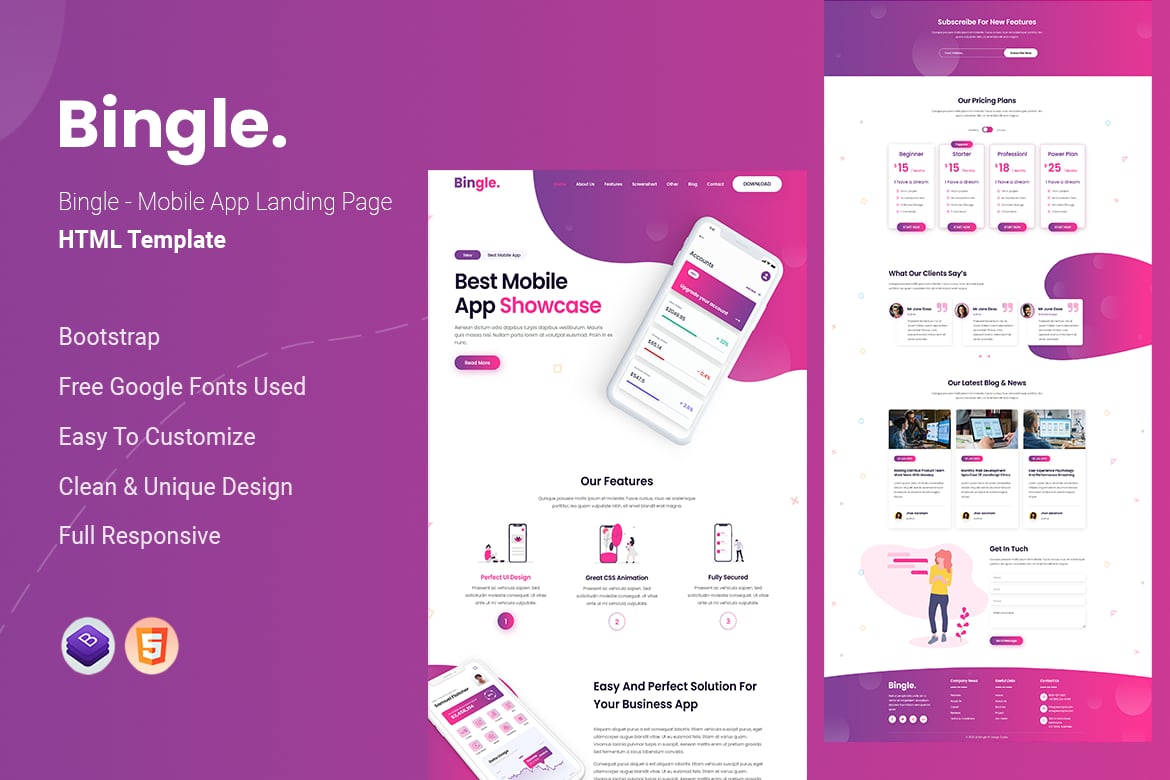 Bingle - Tema HTML Halaman Utama Aplikasi Mobile yang Menarik