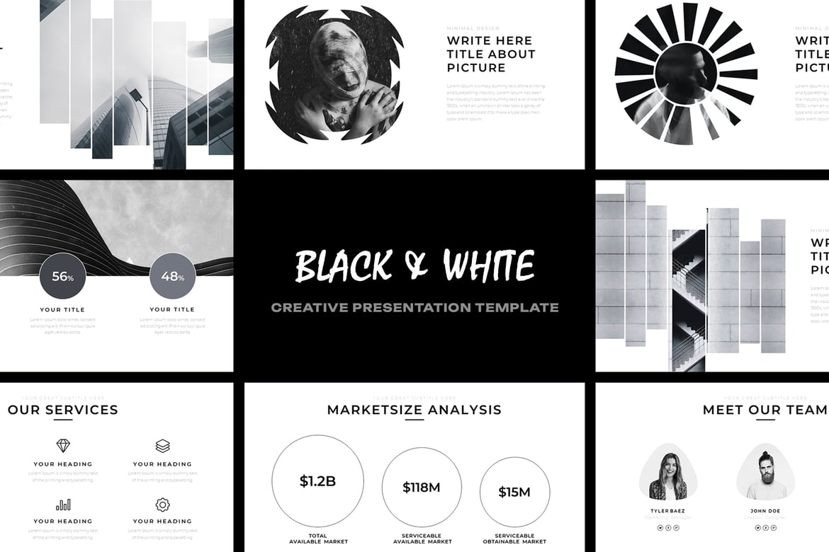 Template Powerpoint Hitam & Putih yang Kreatif dan Profesional