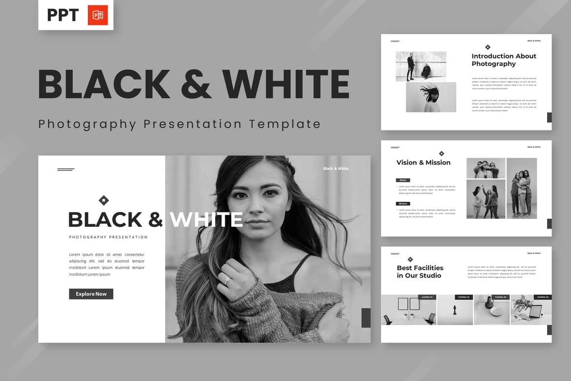 Template Presentasi Powerpoint Hitam Putih untuk Fotografi