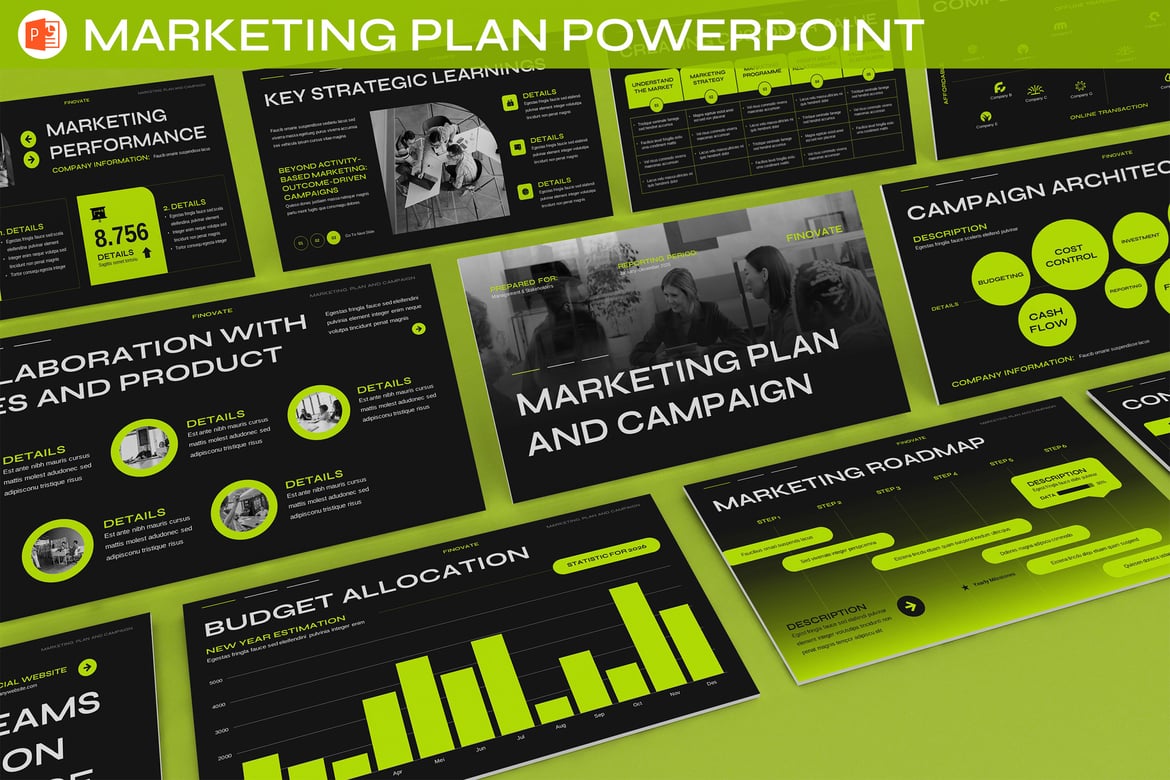 Template PowerPoint Rencana Pemasaran Hitam-Hijau yang Menarik