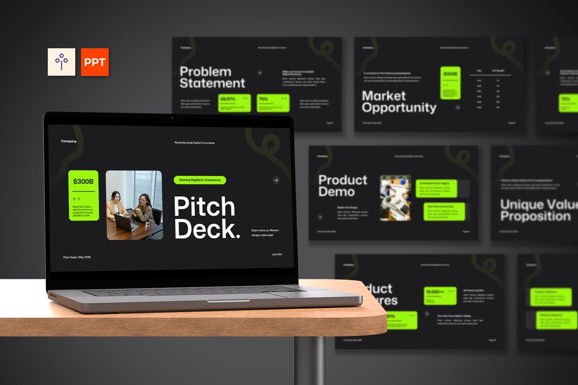 Template Presentasi Pitch Deck Modern untuk Startup Berwarna Hitam