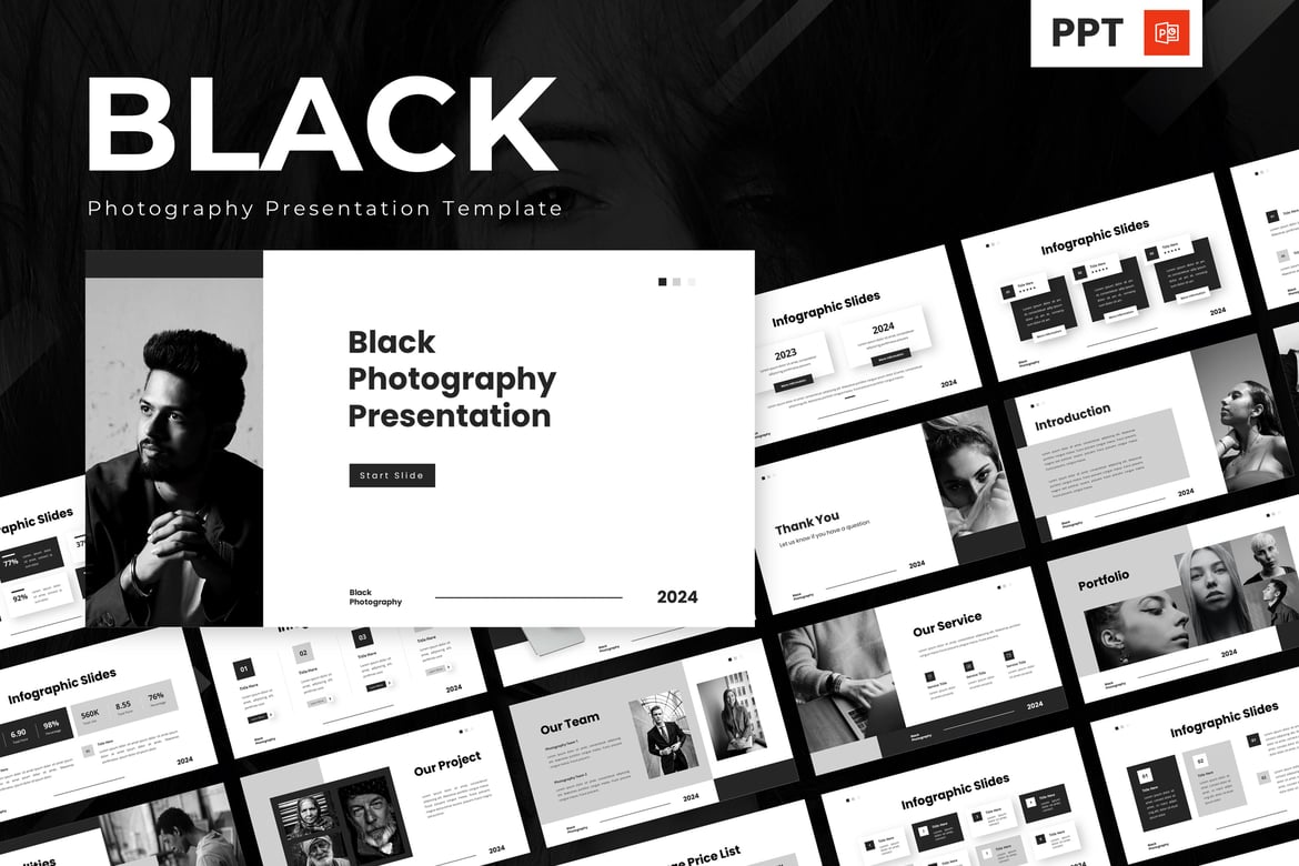 Template Presentasi PowerPoint Fotografi Hitam yang Elegan
