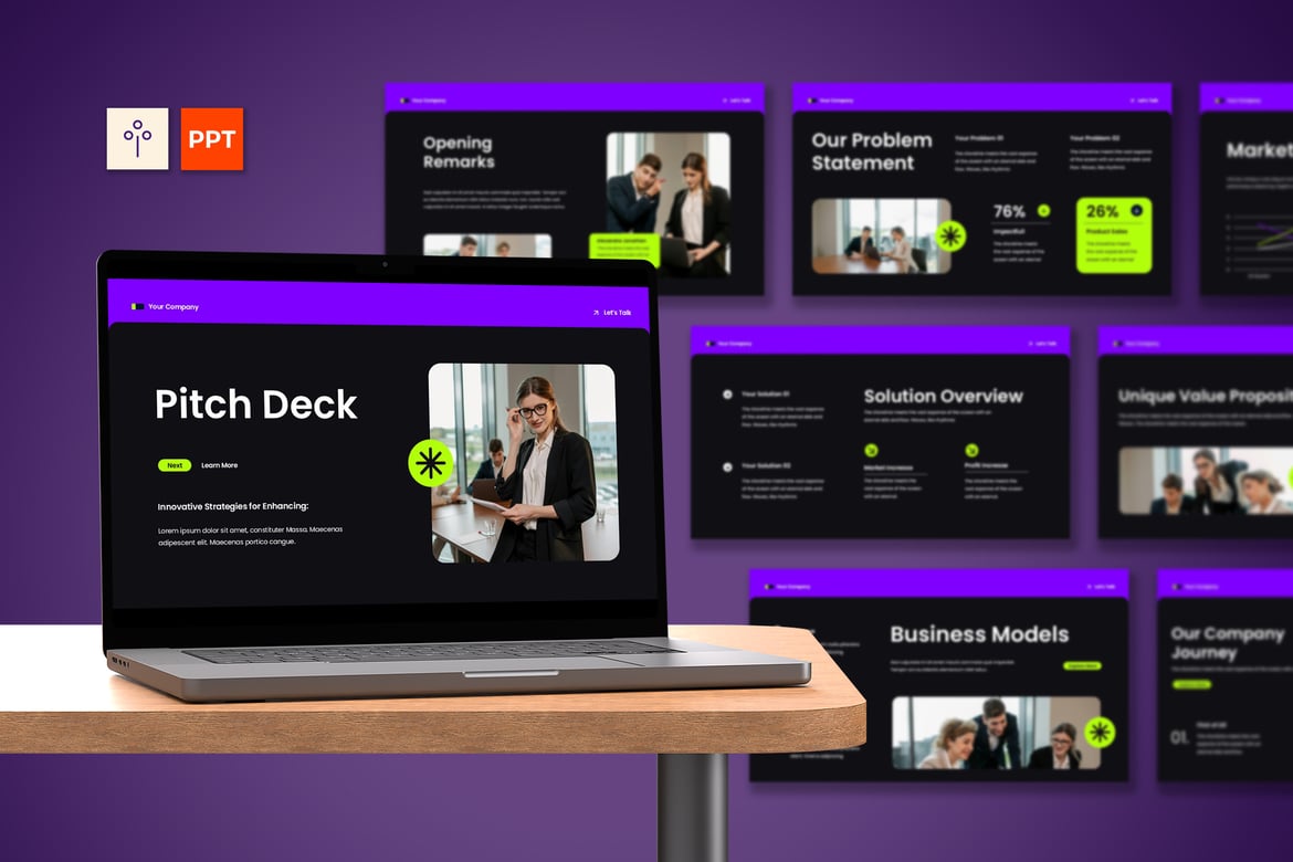Template Presentasi Pitch Deck Hitam Ungu yang Modern