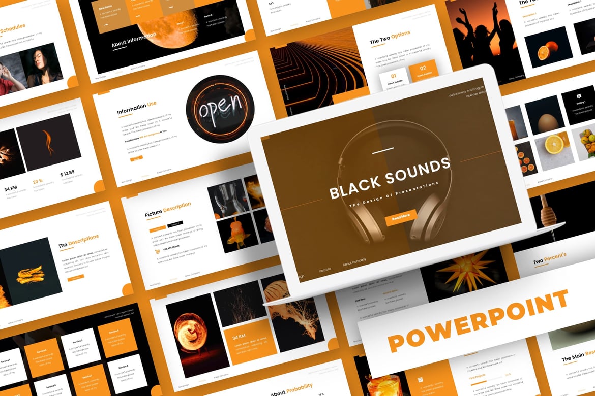 Template Presentasi PowerPoint Black Sounds yang Elegan dan Serbaguna