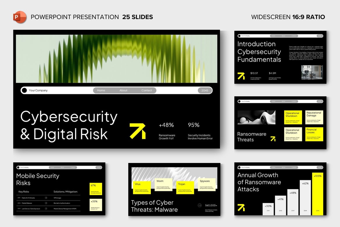 Template Presentasi PowerPoint Modern Hitam Kuning untuk Manajemen Risiko Keamanan Siber