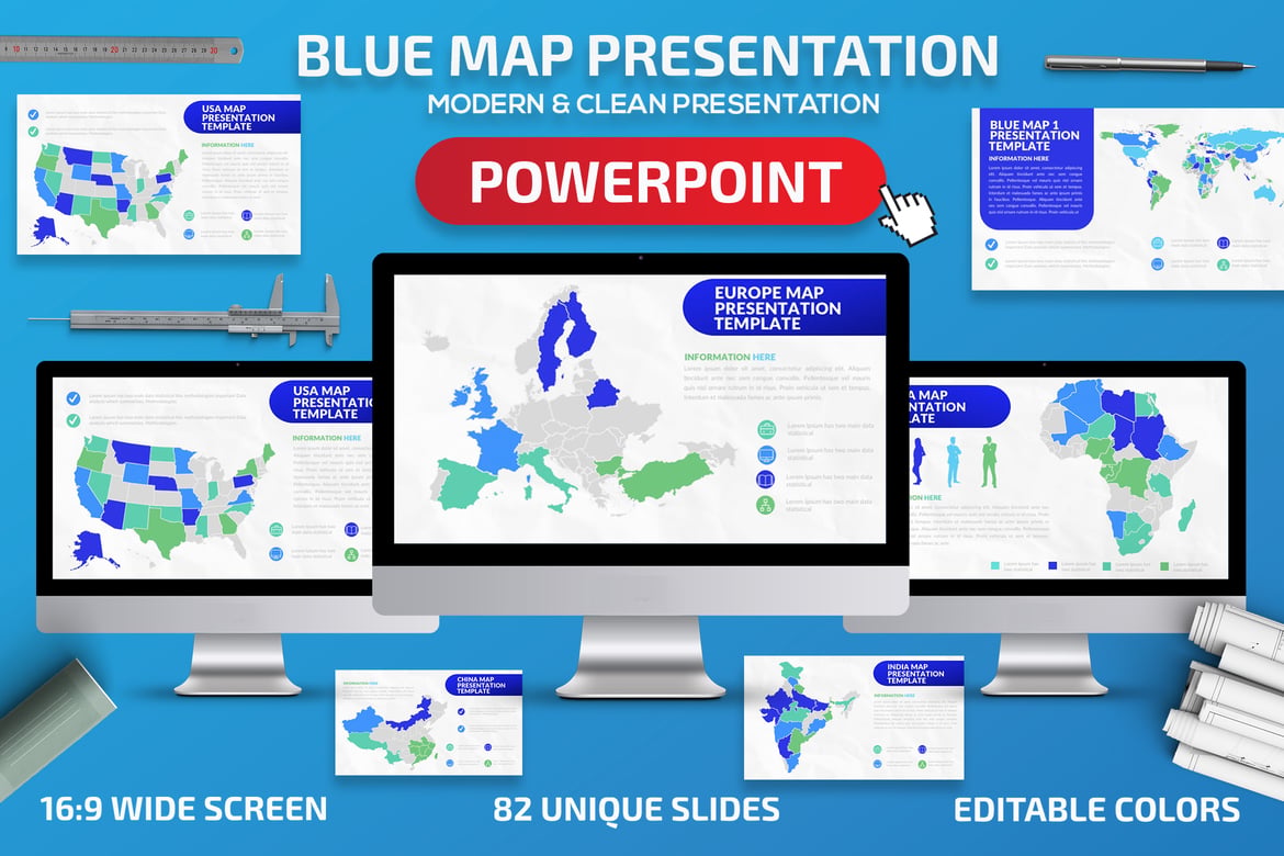 Template Presentasi PowerPoint Peta Biru yang Menarik