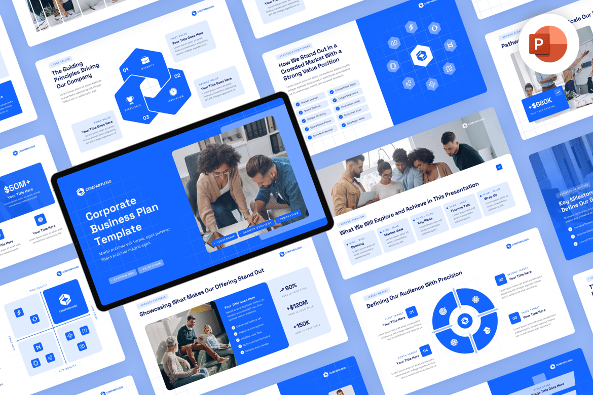 Template Presentasi PowerPoint Bisnis Modern Berwarna Biru 004