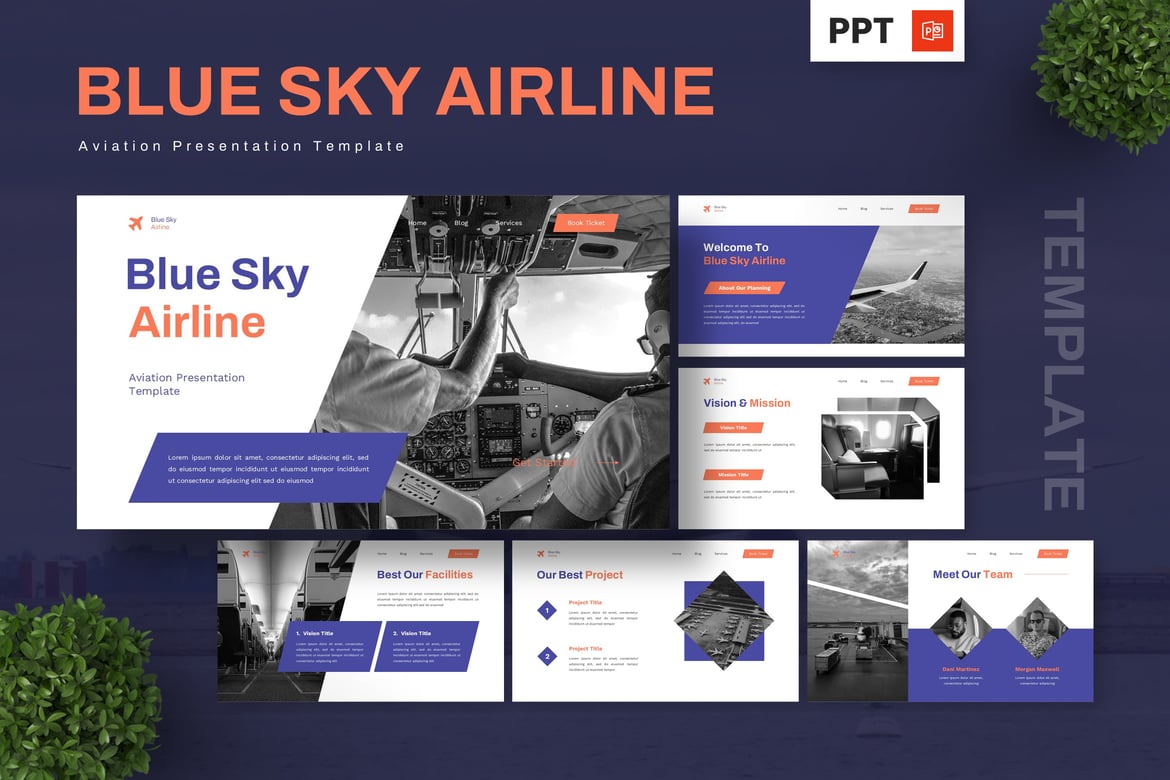 Template Presentasi Penerbangan Blue Sky Airline yang Menawan