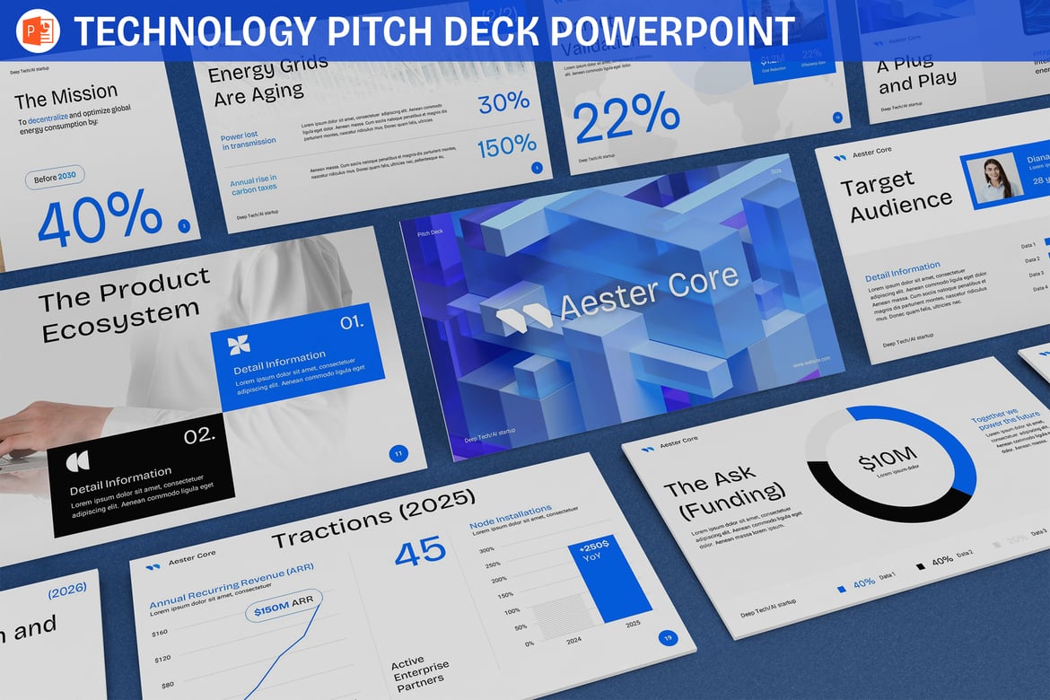 Template Presentasi Teknologi Biru untuk Pitch Deck PowerPoint