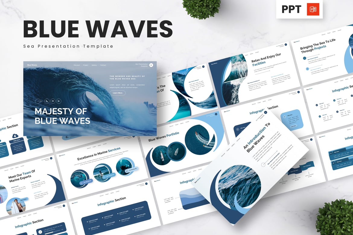 Template Presentasi PowerPoint Biru Ombak - Inspirasi Laut