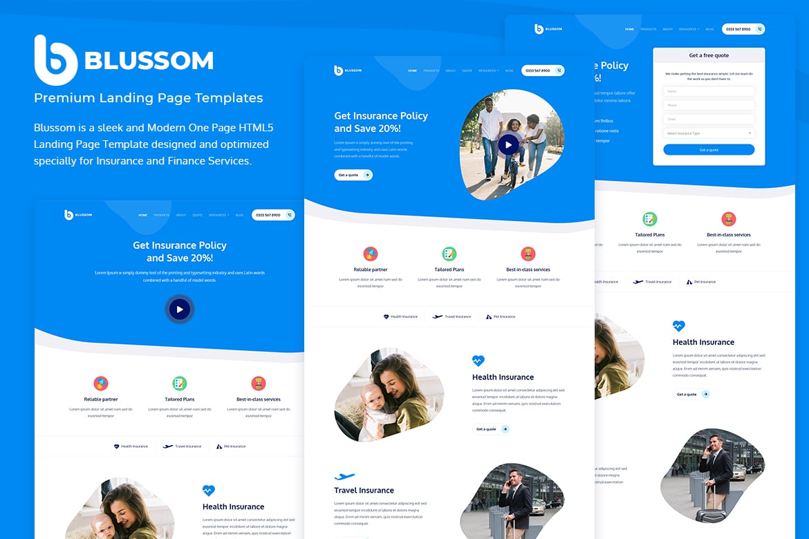 Template Website Landing Page Asuransi Blussom yang Modern dan Responsif
