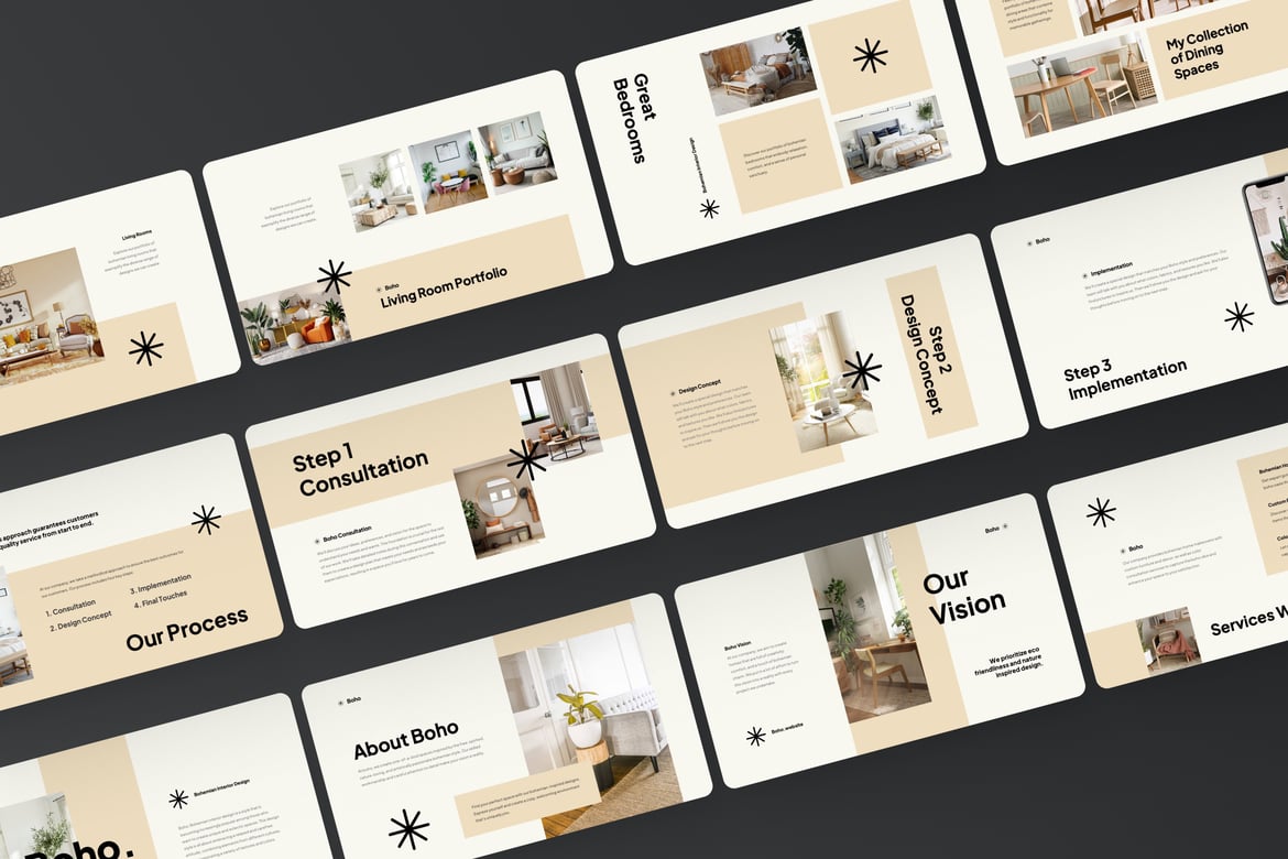 Template Presentasi PowerPoint Desain Interior Bohemian yang Menarik