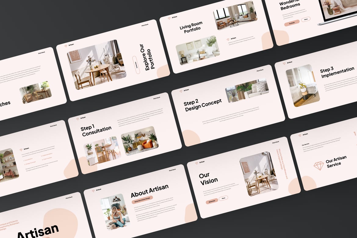 Template Presentasi PowerPoint Desain Interior Bohemian yang Menawan