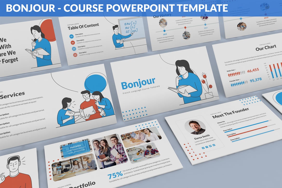 Template Presentasi PowerPoint Bonjour - Desain Modern untuk Kursus Bahasa