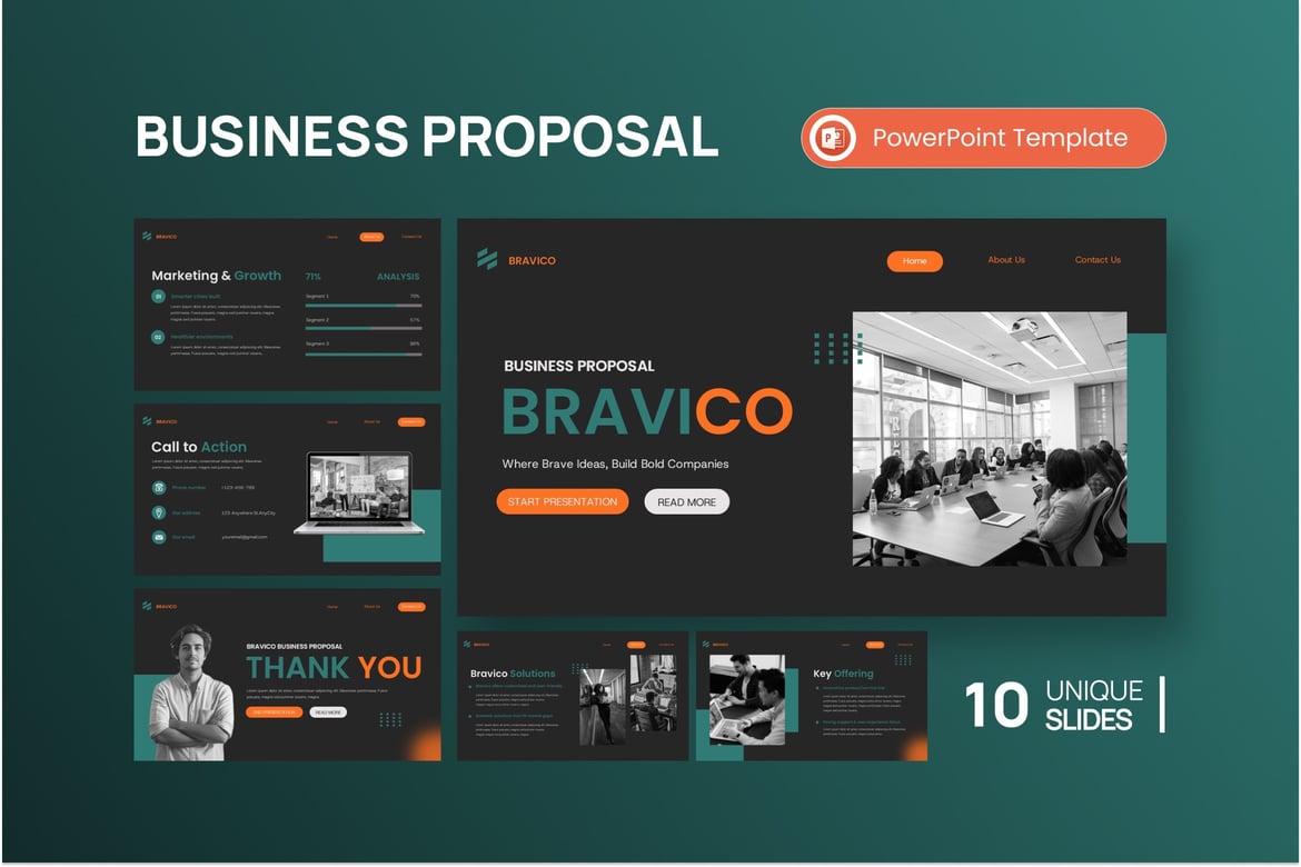 Template PowerPoint Proposal Bisnis Bravico yang Menarik dan Profesional