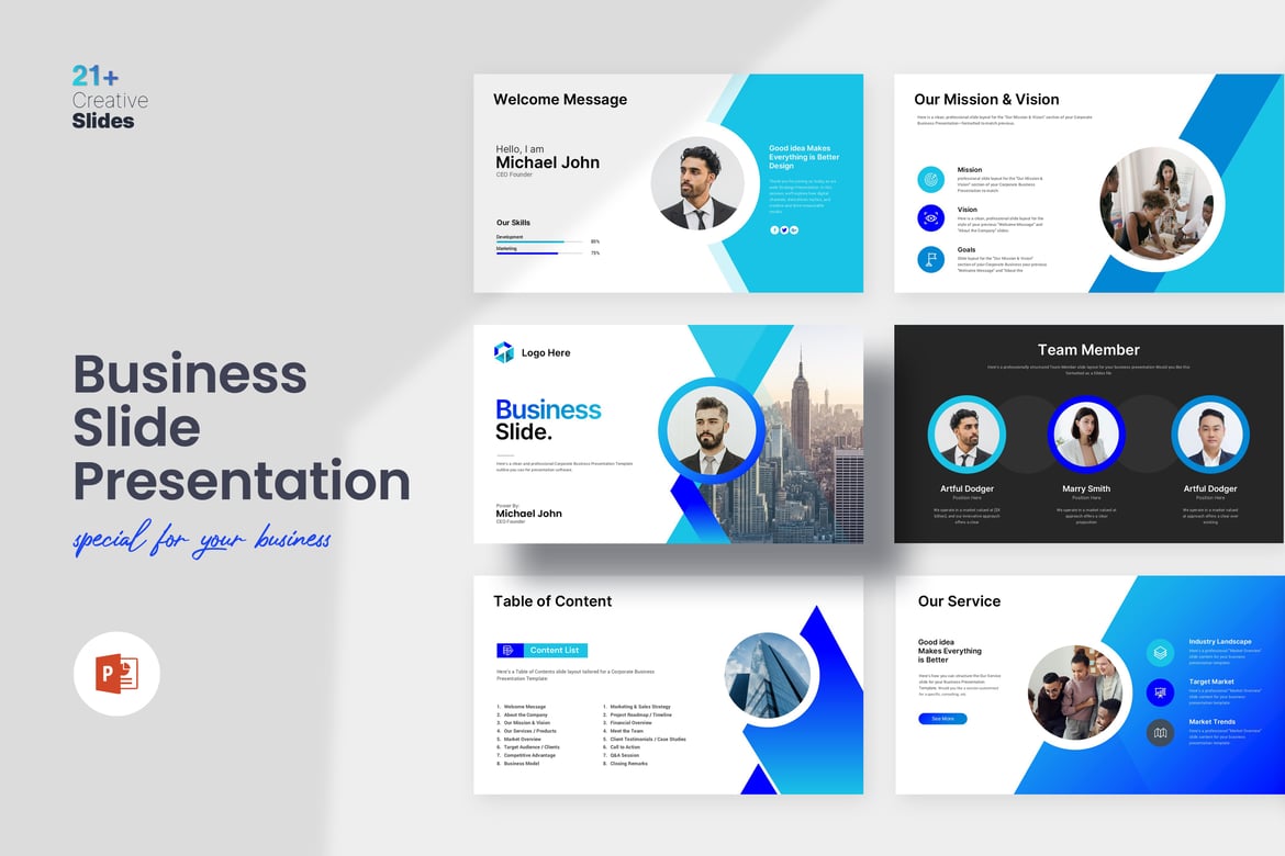 Template Presentasi PowerPoint Bisnis dengan Aksen Biru Cyan yang Menarik