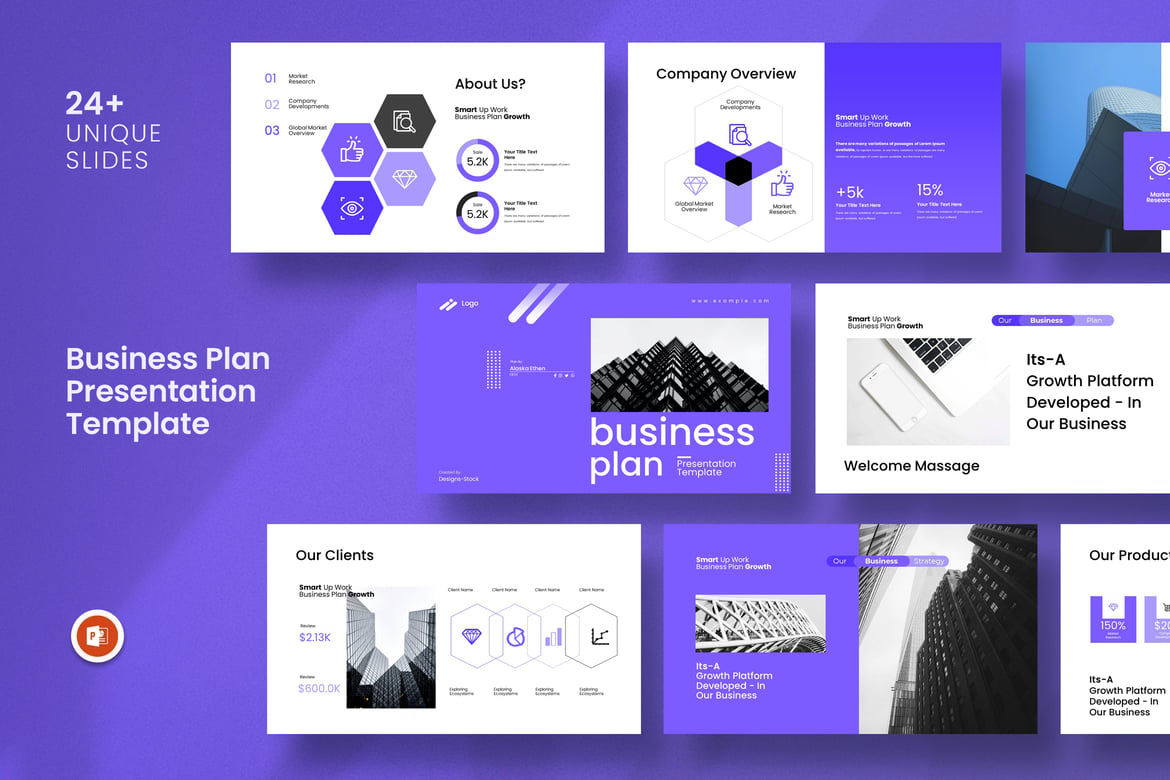 Template PowerPoint Rencana Bisnis dengan Desain Infografis Menarik