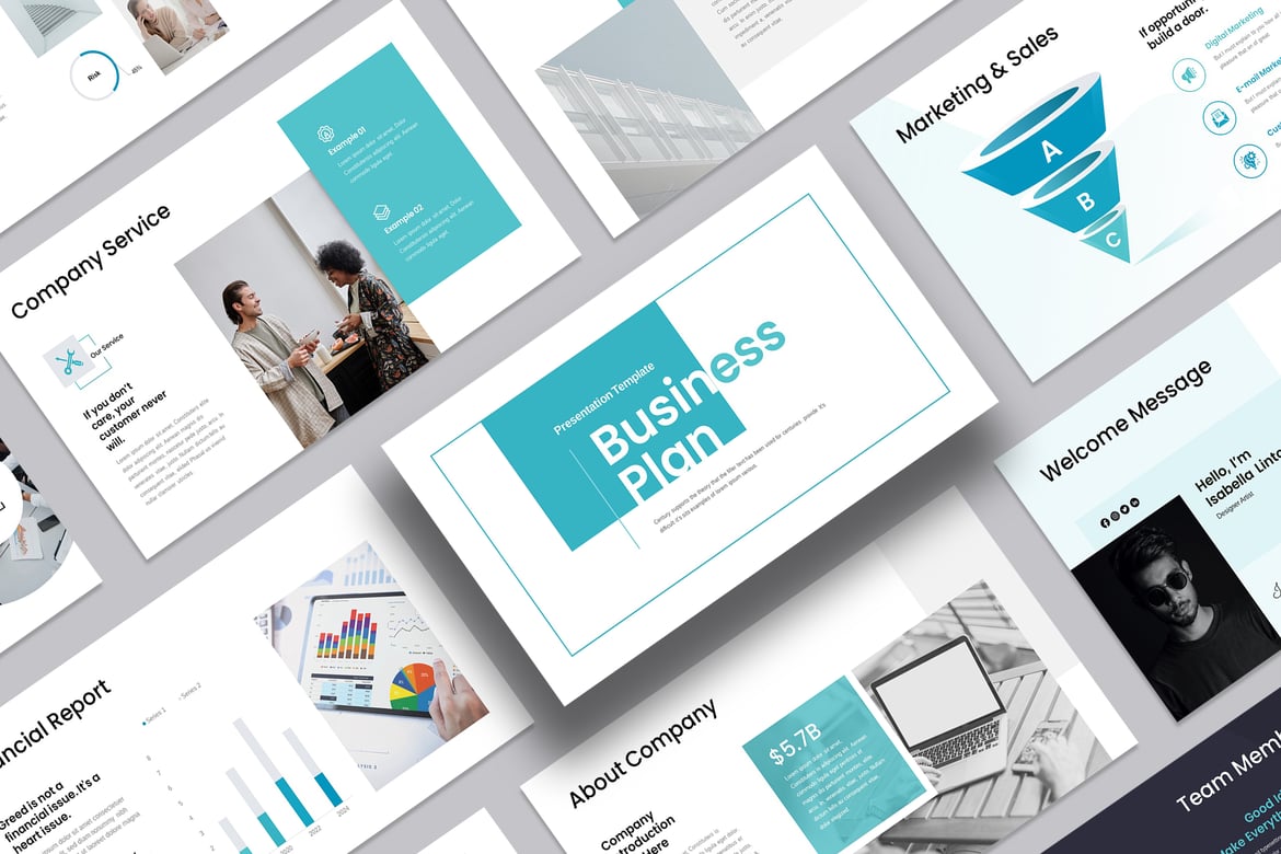 Template Presentasi Bisnis Profesional dengan Warna Cyan dan Biru
