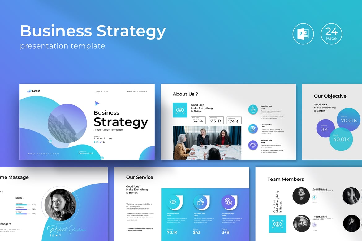 Template Presentasi PowerPoint Strategi Bisnis Biru Ungu yang Menarik