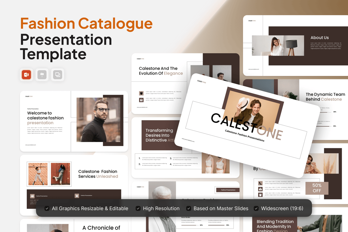 Template PowerPoint Katalog Fashion Calestone yang Modern dan Elegan