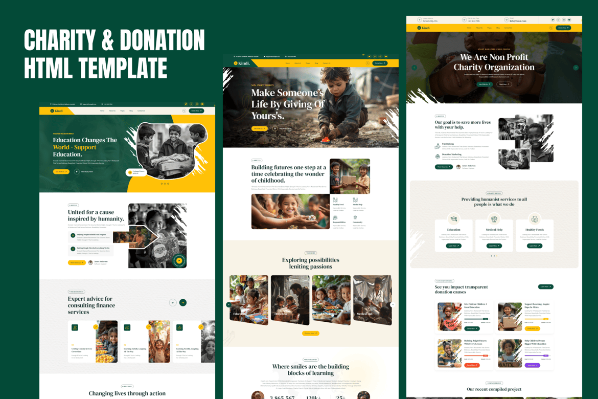 Template Website Kindi untuk Amal dan Donasi yang Modern dan Responsif