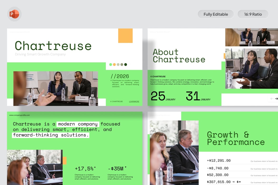 Template Presentasi Profil Perusahaan Hijau Chartreuse - PowerPoint