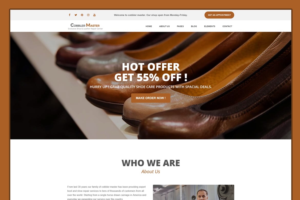 Template Website Cobbler Master untuk Layanan Perbaikan Sepatu dan Aksesori Kulit