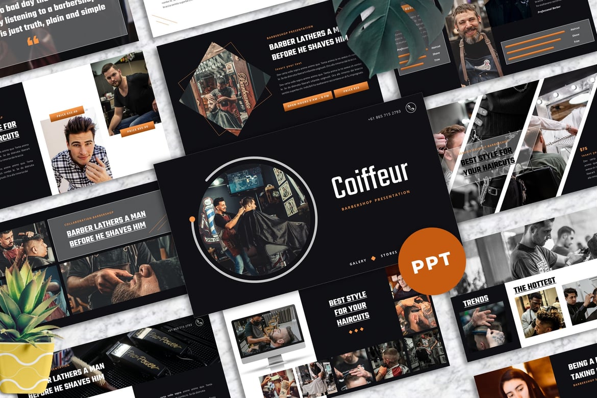 Template Presentasi PowerPoint Coiffeur untuk Barbershop